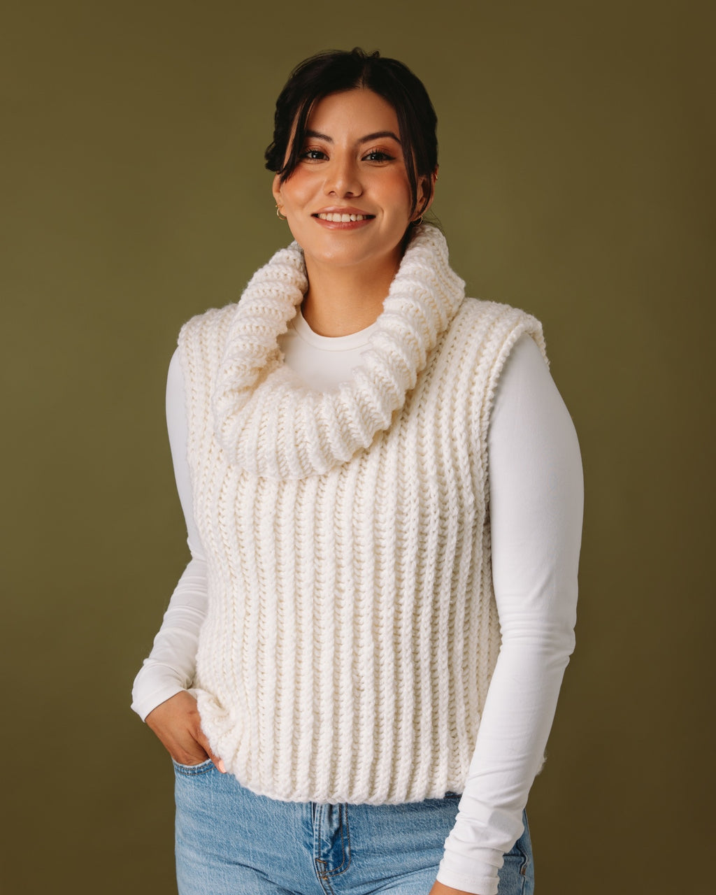 The Eloise Brioche Roll Neck Vest - Chunky Yarn - Adult Knitting Pattern | PT 8698