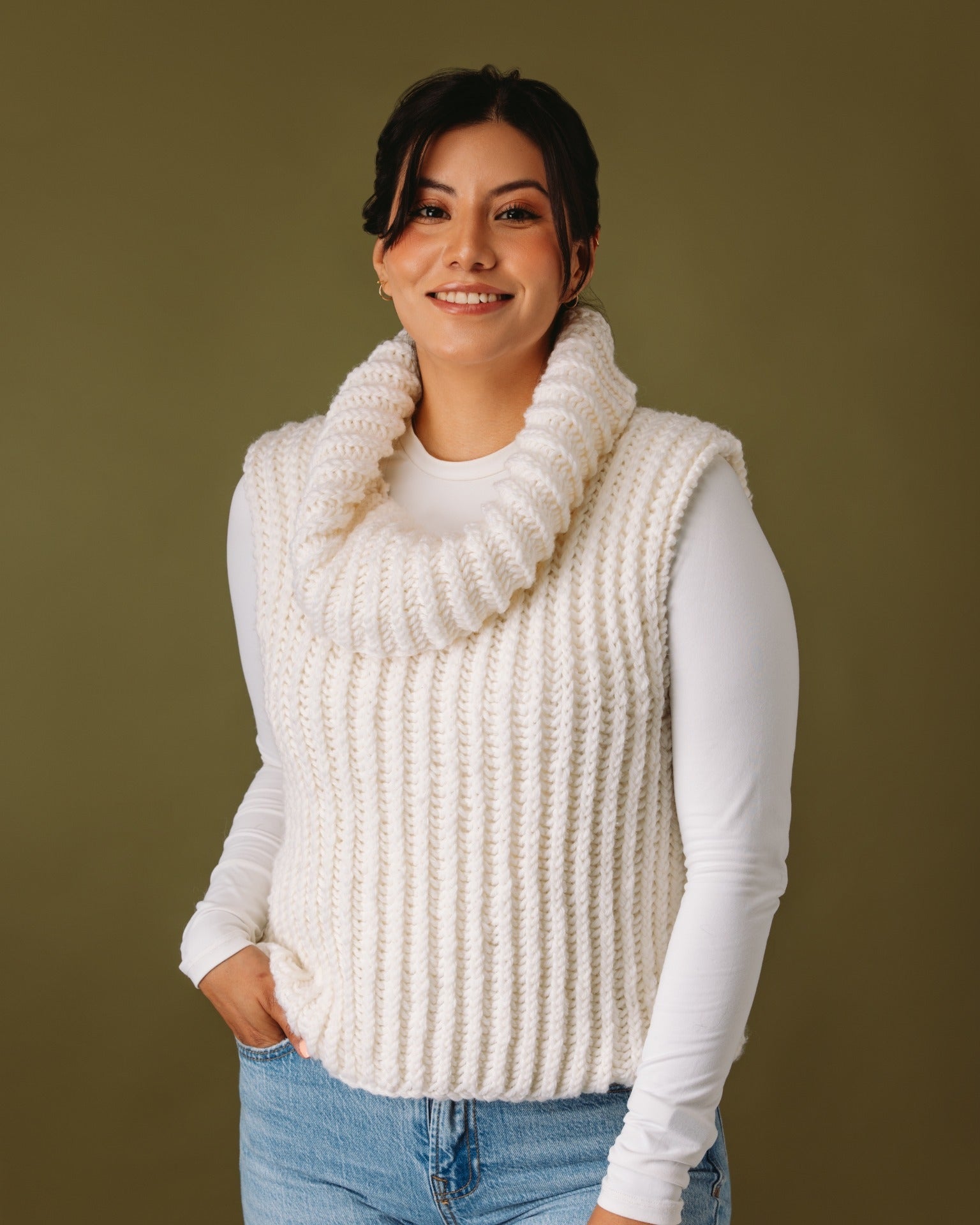 The Eloise Brioche Roll Neck Vest - Chunky Yarn - Adult Knitting Pattern | PT 8698